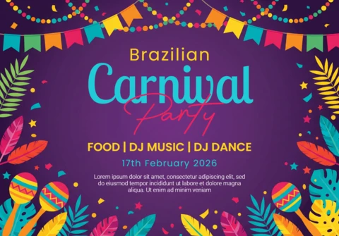 Brazilian Carnival Party Poster Deep Purple Background with Masks, String Lights, and Festive Flags