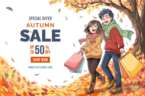 Plantilla de diseño de venta de otoño con compradores felices entre coloridas hojas de otoño para volantes promocionales.
