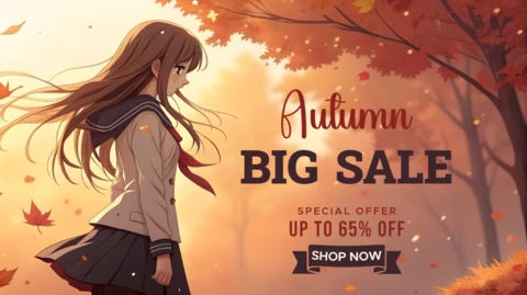 Autumn Sale Design Template with Anime Girl and Falling Leaves for Promotional Flyer