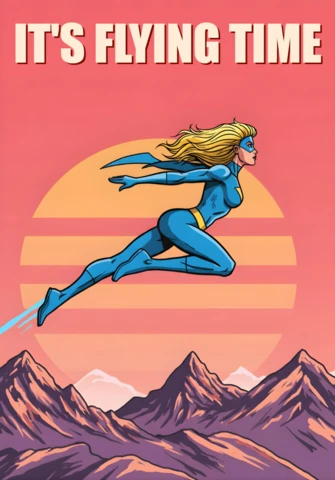 C'est le temps de voler, héros blond en costume bleu au-dessus du coucher de soleil et des montagnes, modèle de design d'affiche.