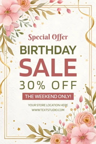 Elegant Floral Birthday Sale Display Template with Romantic Botanical Design