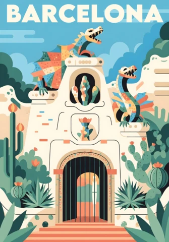 Park Güell Entrance with Mosaic Dragons and Mediterranean Plants Barcelona Travel Posters Design Template