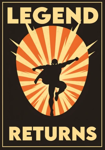 Leyenda devuelve plantilla de diseño de póster con silueta dinámica de superhéroe y fondo explosivo.