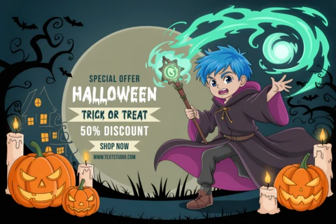 Design template di Halloween fantasioso con mago magico e zucche per volantini