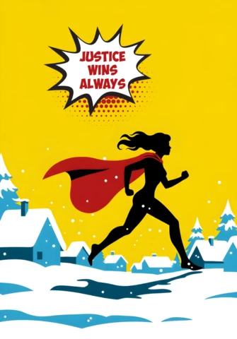 Justice Wins Always Superhero Silhouette in Snowy Village Scene Poster Design Template