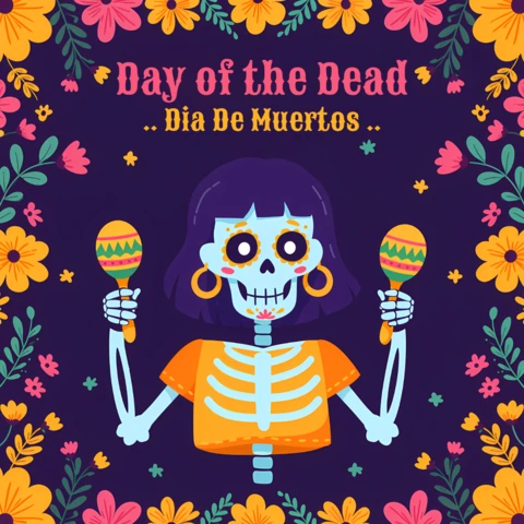 Day of The Dead Design Template with Colorful Skeleton for Festive Poster