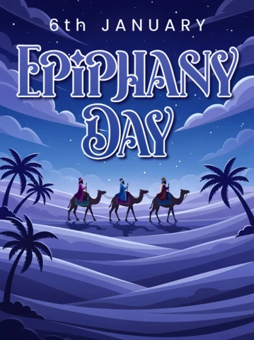 Epiphany Day Design Template with Camel Caravan in Night Sky for Greeting Cards