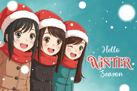 Winter Season Greeting Card Design Template with Cheerful Characters