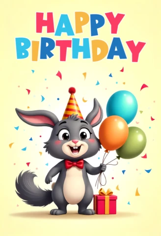 Adorable Cartoon Bunny Birthday Card Template with Balloons and Gifts