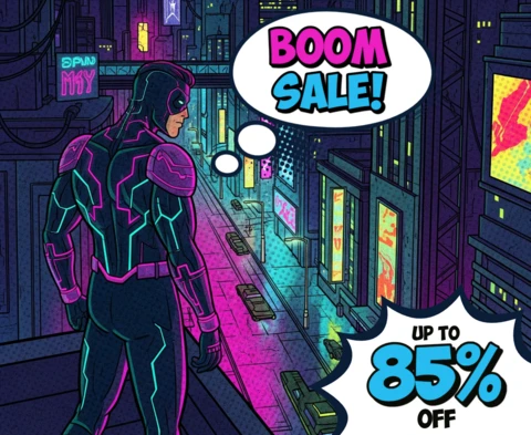 Escena de azotea al estilo cómic de venta explosiva con plantilla de diseño de traje futurista para volantes promocionales.
