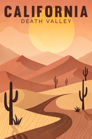 Diseño de paisaje desértico californiano para carteles retro y plantilla de merch.