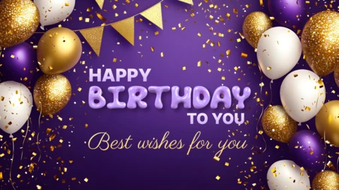 Purple and Gold Confetti Happy Birthday Card Template