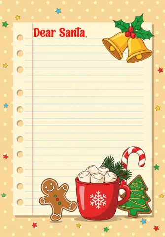 Santa Letter Template Festive Design with Hot Cocoa, Gingerbread Man, and Christmas Cookies