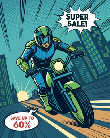 Modèle de conception de vente de moto dans le style de bande dessinée rétro pour des flyers promotionnels