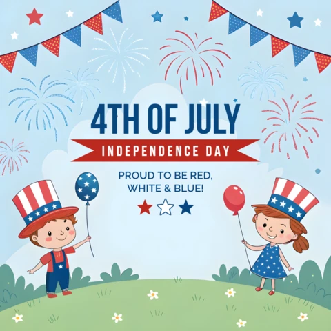 4th of July Independence Day Celebration Design Template with Kids Balloons and Fireworks
