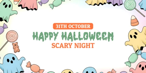 Plantilla de diseño de portada de YouTube de Halloween: noche aterradora, fantasmas lindos, dulces y golosinas coloridas.