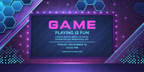Hexagonal Game Night Template Design with Neon Lights
