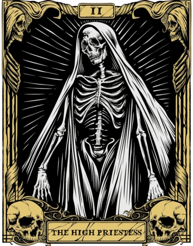 Dark Vintage Oracle Card Design: The High Priestess Skeleton Art