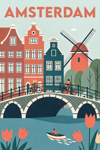 Plantilla de diseño ilustrativo de Ámsterdam para carteles de viaje retro en formato plano.