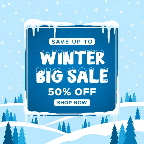 Winter Sale Promotional Template with Snowy Background and Bold Typography Design
