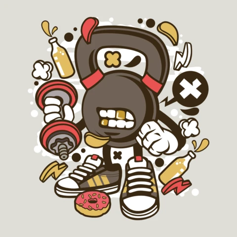 Plantilla de diseño de camiseta con personaje de dibujos animados de entrenamiento con pesas rusas