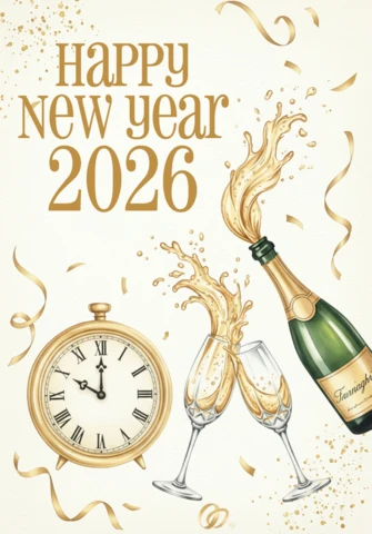 Szablon powitalny na Nowy Rok w akwareli, świąteczny design 2026 z wystrzeliwującą butelką, stukającymi się kieliszkami i blaskiem celebracji.