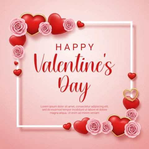 Tarjeta de saludo de San Valentín con marco blanco romántico y acentos de corazones rojo-rosados y decoración de rosas.
