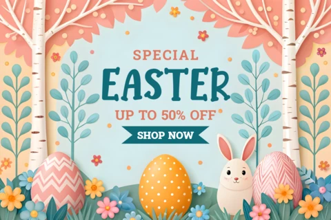 Plantilla de diseño de venta de Pascua con temática primaveral y simpáticas ilustraciones