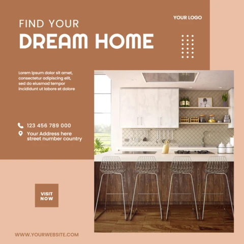 Moderne vastgoedflyer sjabloon met keukenontwerp voor promotie van droomhuizen in beige tinten