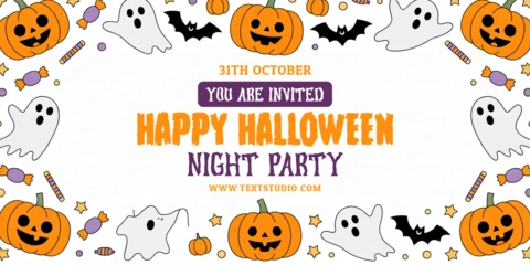 Straszna noc Halloween, scena zbierania cukierków z nawiedzonym dworkiem i nietoperzami, szablon okładki na YouTube.