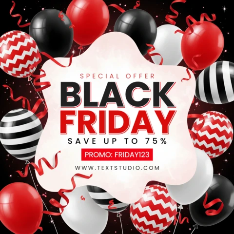 Affiche de shopping saisonnier offre de Black Friday avec une boîte de texte en forme de nuage, des ballons et un modèle de mise en avant promotionnelle.