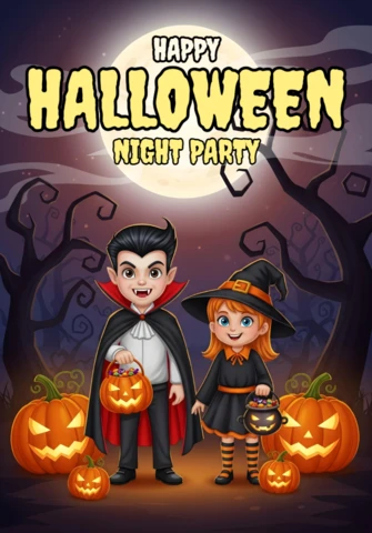 Personnages de dessin animé d'Halloween effrayants en costumes avec un design de pleine lune et d'arbres tordus pour des flyers festifs.