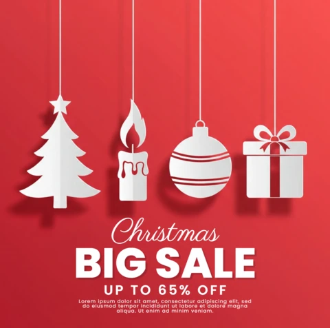 Holiday Shopping Poster Christmas Promo Template with Festive Paper-Cut Icons and Seasonal Sparkle