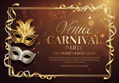 Póster de fiesta de carnaval elegante de Venecia, máscaras de masquerade doradas y plateadas con plumas y brillos sobre fondo marrón.