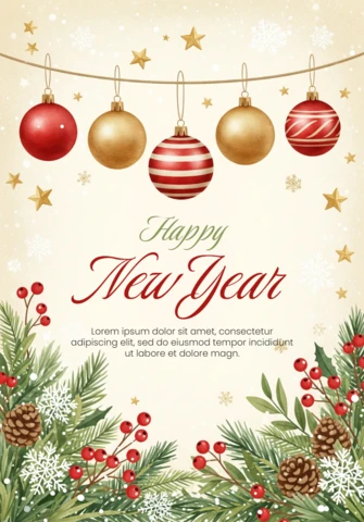 Watercolor Happy New Year 2026 Card Hanging Ornaments, Pine Branches, and Red Berries On Beige Background