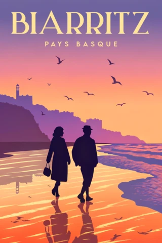 Vintage koppel op Biarritz strand illustratie voor reis souvenirs en merchandise sjabloon