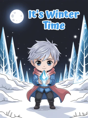 Plantilla de diseño de cartoon temática de invierno para tarjetas de felicitación que presenta a un niño con un cristal.