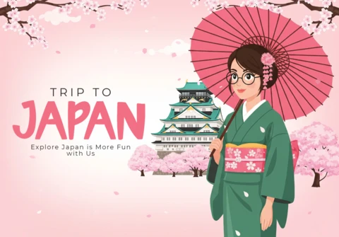 Japanische Kultur Kirschblütenzeit mit kimono-tragendem Reisenden und Schloss im Hintergrund