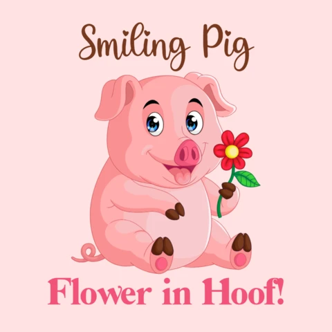 Cerdo sonriente plantilla de diseño de dibujos animados con la flor en la pezuña