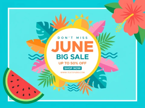 June Big Sale Marketing Banner with Tropical Summer Leaves and Watermelon Elements