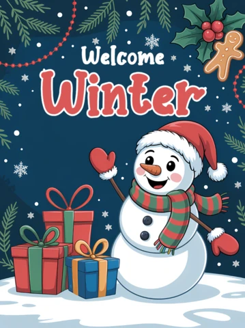 Winter Wonderland Design Template Featuring Cheerful Snowman and Colorful Gifts for Holiday Cards