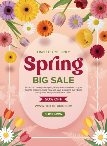 Spring Sale Marketing Poster with Decorative Floral Corners and Limited-Time Promotion
