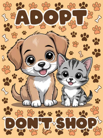 Adopta, no compres, plantilla de diseño para carteles de adopción de mascotas con adorables animales de dibujos animados.