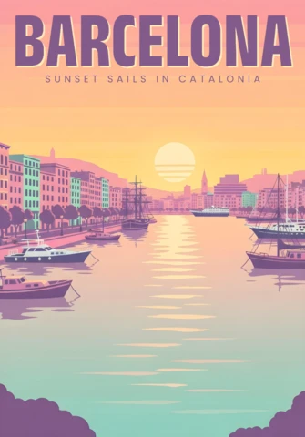 Barcelona Harbor Sunset Pastel Waterfront & Sailing Ships Travel Posters Design Template