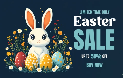 Modèle de vente de Pâques fantaisiste avec un lapin mignon et des œufs colorés