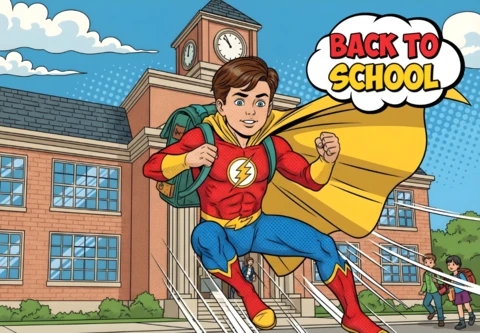 Ritorno a scuola supereroe studente che salta verso la scuola con emblema di fulmine e zaino verde modello di design poster