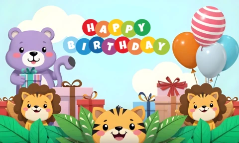 Festive Happy Birthday Card Design For Kids With Lions, Tiger, and Bear
