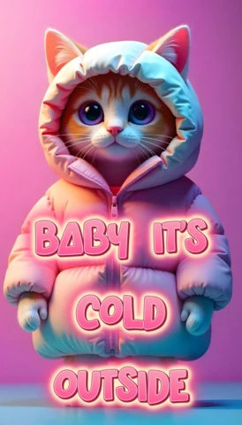 3D Cartoon Cat in Puffer Jacket Surreal Colorful Poster Design