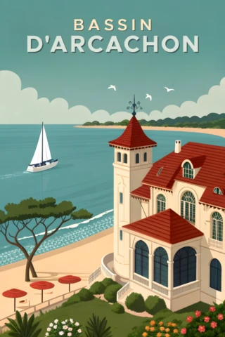 Vintage Coastal Villa in Arcachon Design for Travel Retro Flat Posters