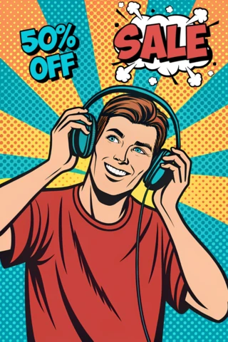 Modèle de design de vente pop art pour des affiches promotionnelles mettant en avant un homme heureux avec des écouteurs.